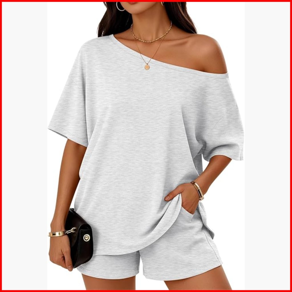 2-Piece Short Set, Off-Shoulder Top, Loose Shorts, Rayon Spandex, Medium